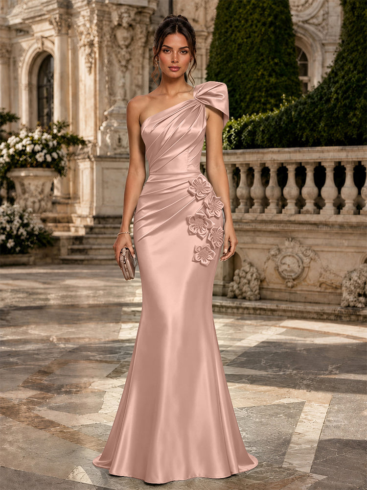 Satin Mermaid One Shoulder Long Evening Dresses with 3D Flowers