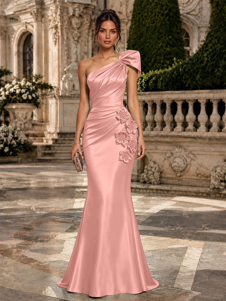 Satin Mermaid One Shoulder Long Evening Dresses with 3D Flowers