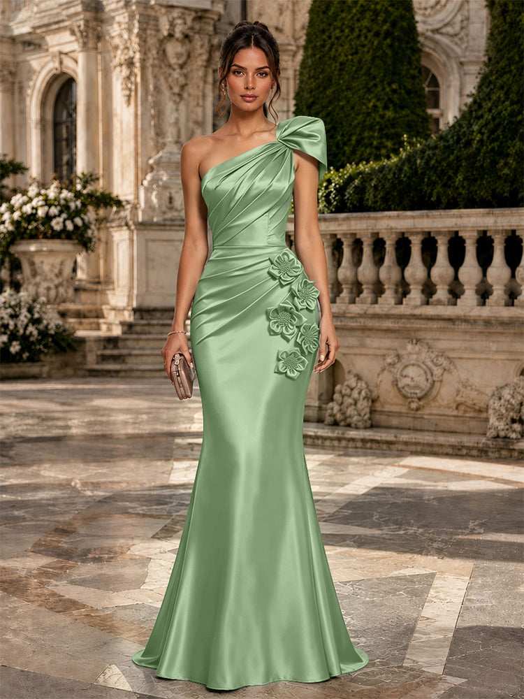 Satin Mermaid One Shoulder Long Evening Dresses with 3D Flowers