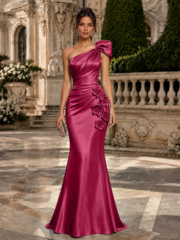 Satin Mermaid One Shoulder Long Evening Dresses with 3D Flowers