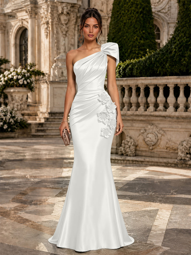 Satin Mermaid One Shoulder Long Evening Dresses with 3D Flowers
