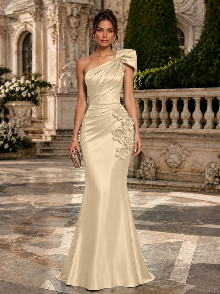 Satin Mermaid One Shoulder Long Evening Dresses with 3D Flowers