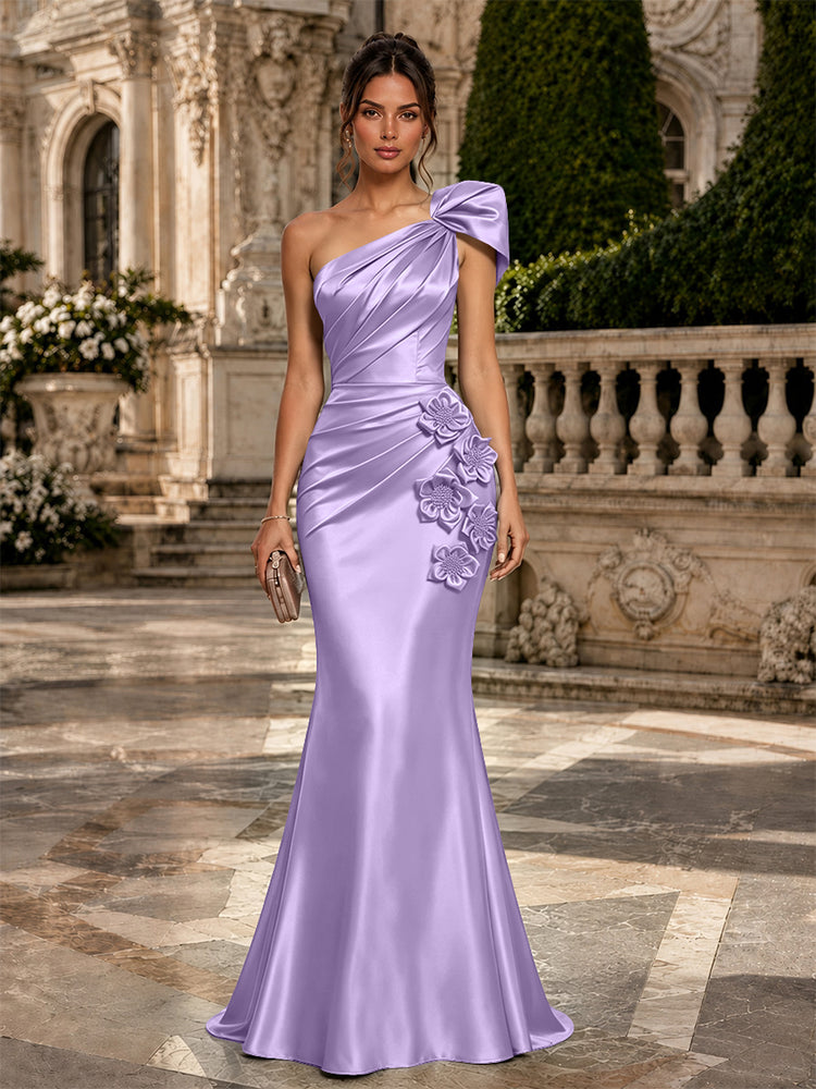 Satin Mermaid One Shoulder Long Evening Dresses with 3D Flowers