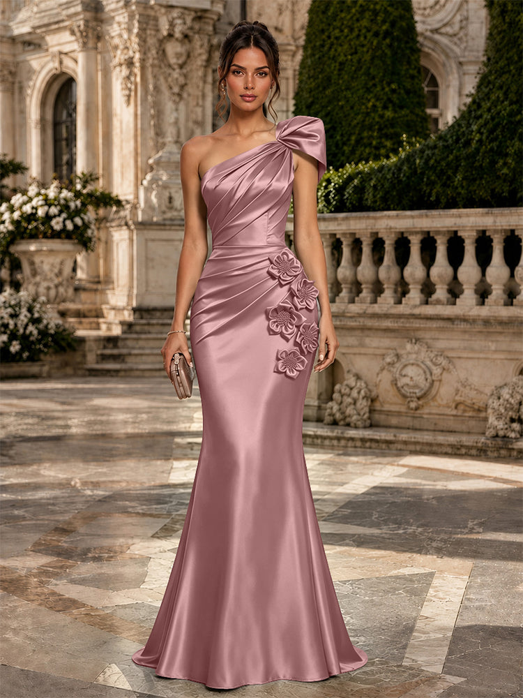 Satin Mermaid One Shoulder Long Evening Dresses with 3D Flowers