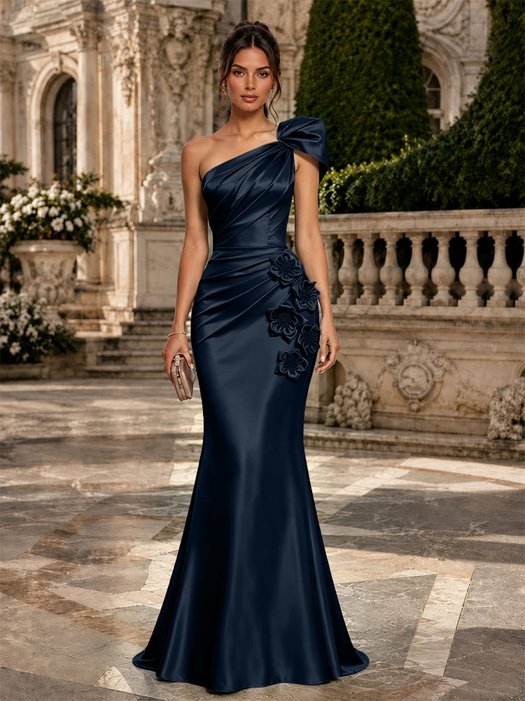 Satin Mermaid One Shoulder Long Evening Dresses with 3D Flowers