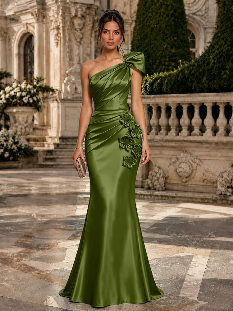 Satin Mermaid One Shoulder Long Evening Dresses with 3D Flowers
