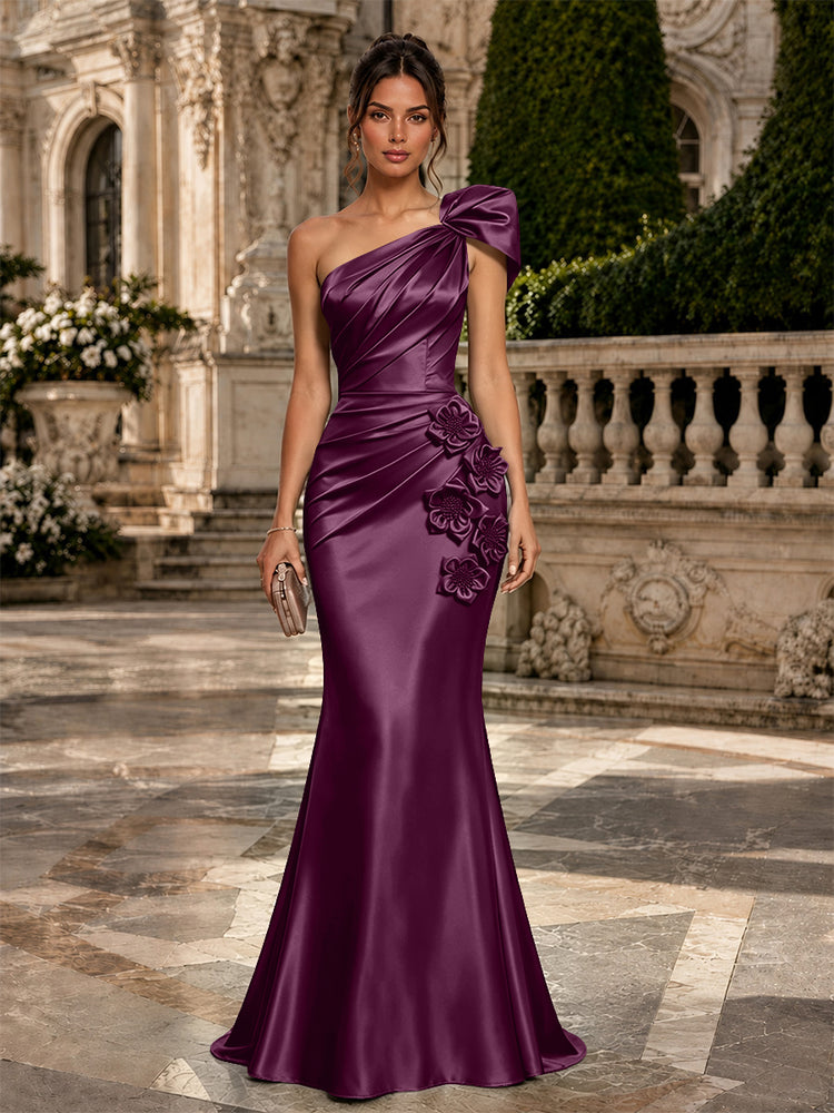 Satin Mermaid One Shoulder Long Evening Dresses with 3D Flowers