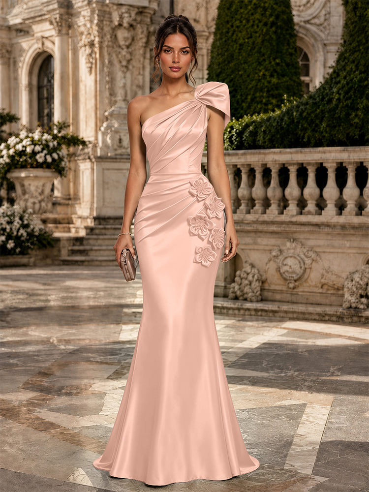 Satin Mermaid One Shoulder Long Evening Dresses with 3D Flowers