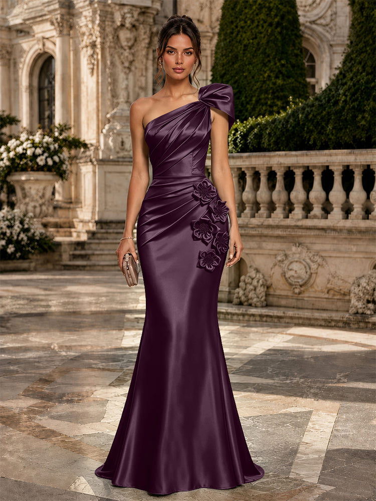 Satin Mermaid One Shoulder Long Evening Dresses with 3D Flowers