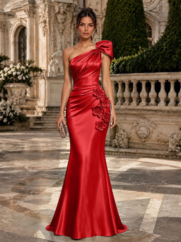 Satin Mermaid One Shoulder Long Evening Dresses with 3D Flowers