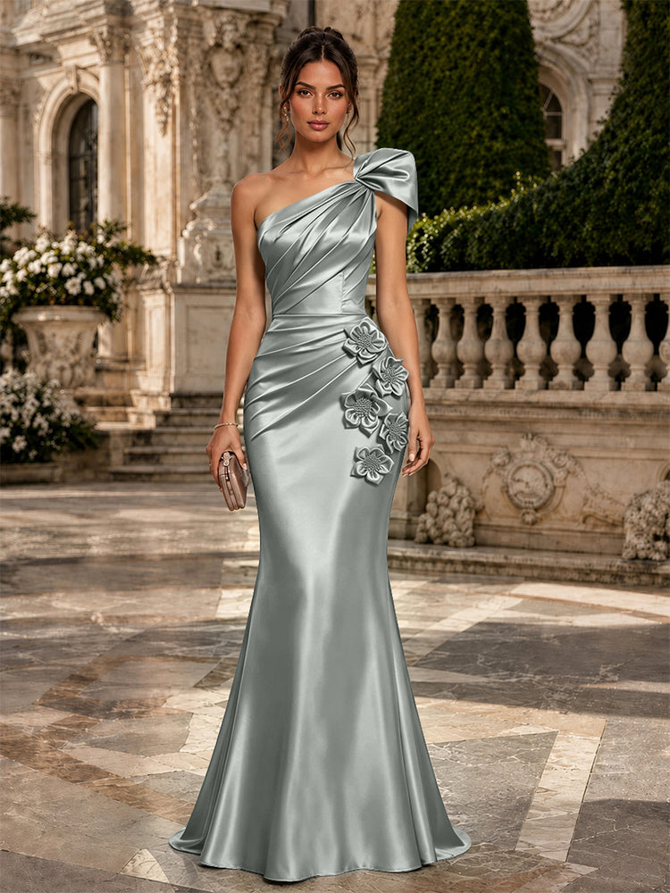 Satin Mermaid One Shoulder Long Evening Dresses with 3D Flowers