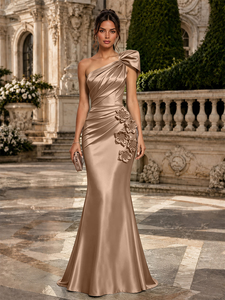 Satin Mermaid One Shoulder Long Evening Dresses with 3D Flowers