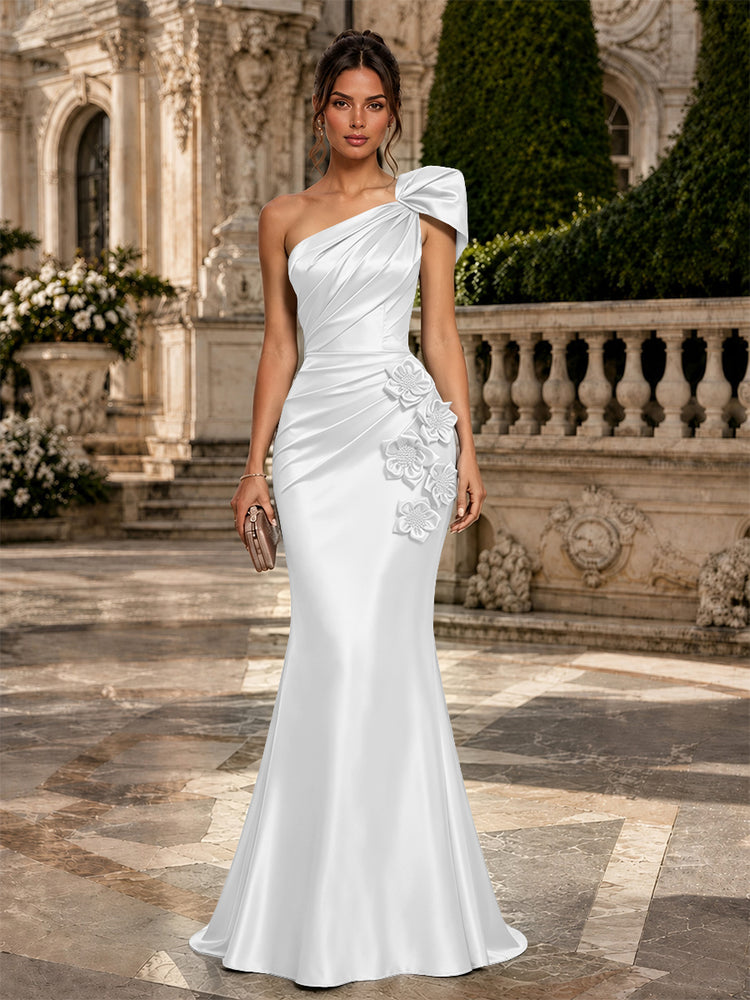 Satin Mermaid One Shoulder Long Evening Dresses with 3D Flowers