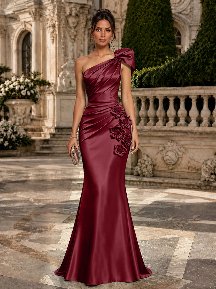Satin Mermaid One Shoulder Long Evening Dresses with 3D Flowers