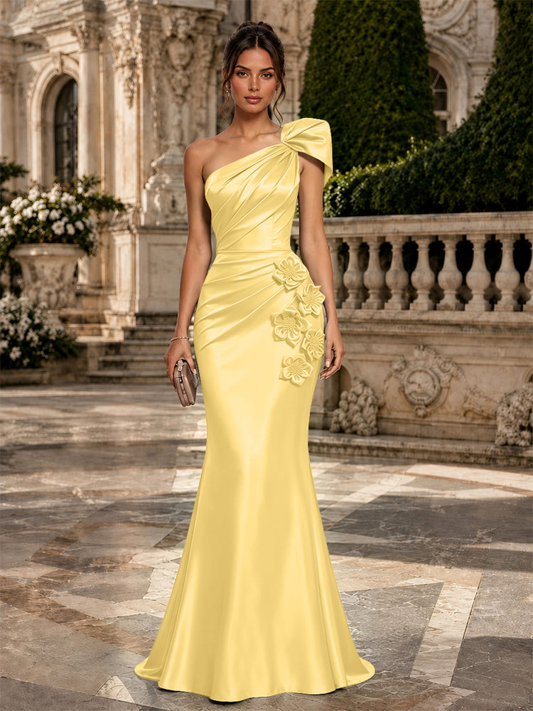 Satin Mermaid One Shoulder Long Evening Dresses with 3D Flowers