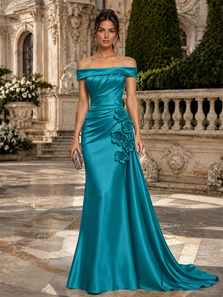 Satin Mermaid Off the Shoulder Long Evening Dresses with 3D Flowers