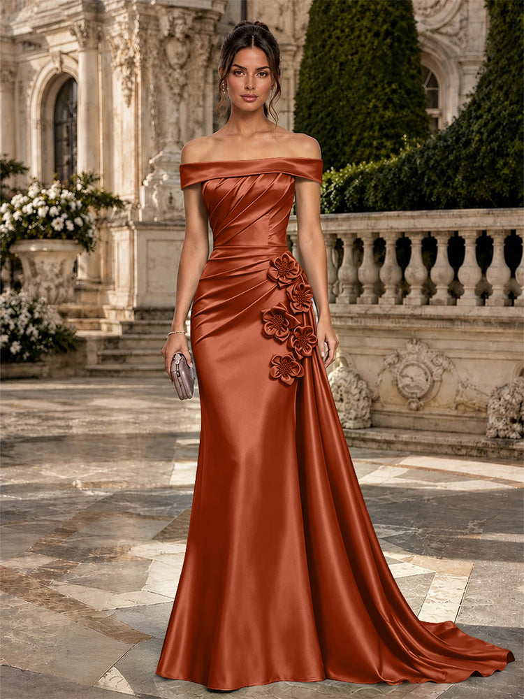 Satin Mermaid Off the Shoulder Long Evening Dresses with 3D Flowers