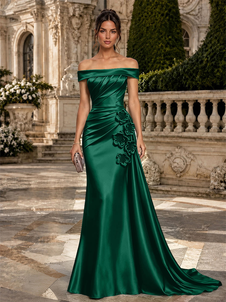 Satin Mermaid Off the Shoulder Long Evening Dresses with 3D Flowers