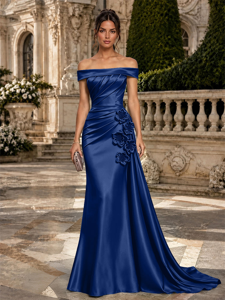 Satin Mermaid Off the Shoulder Long Evening Dresses with 3D Flowers