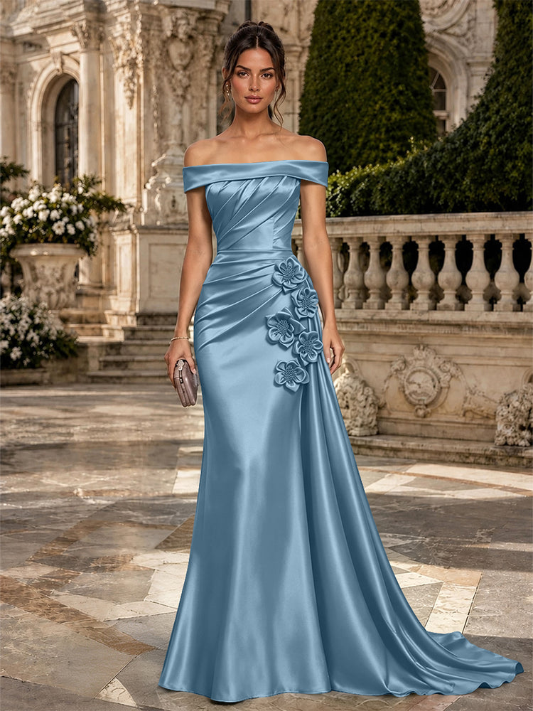 Satin Mermaid Off the Shoulder Long Evening Dresses with 3D Flowers