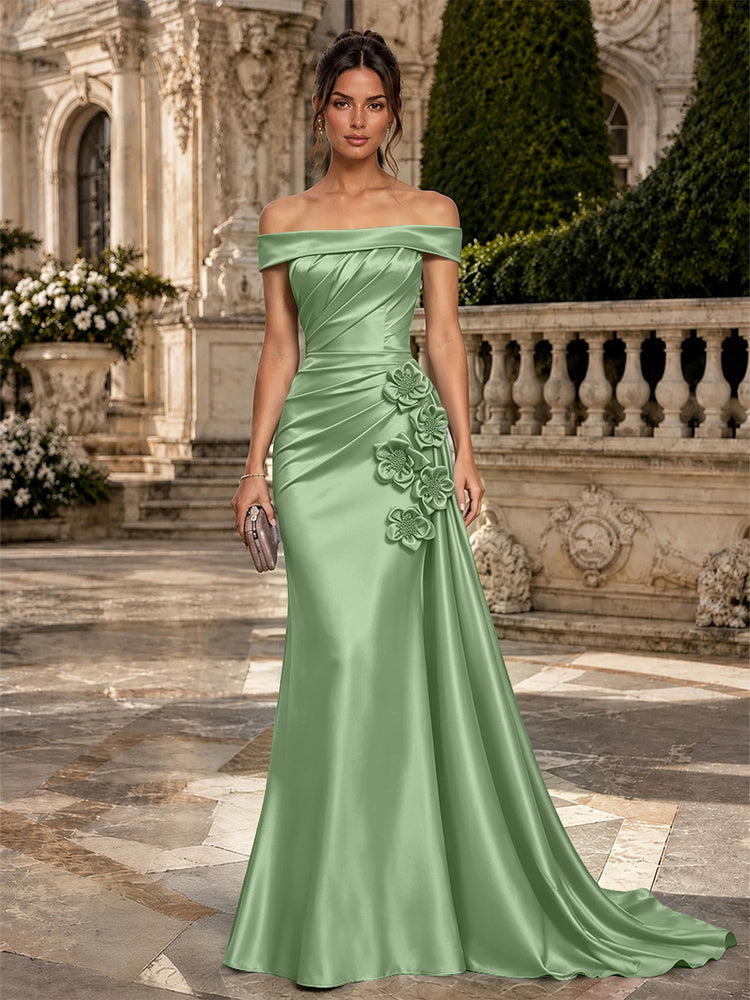 Satin Mermaid Off the Shoulder Long Evening Dresses with 3D Flowers