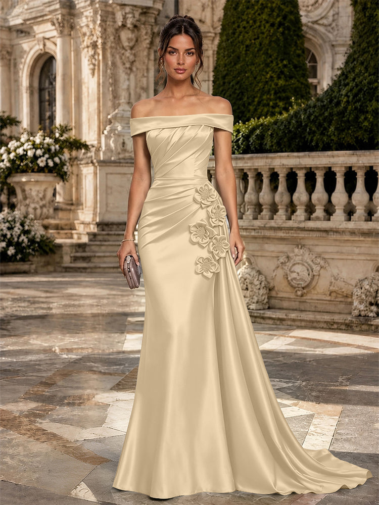 Satin Mermaid Off the Shoulder Long Evening Dresses with 3D Flowers