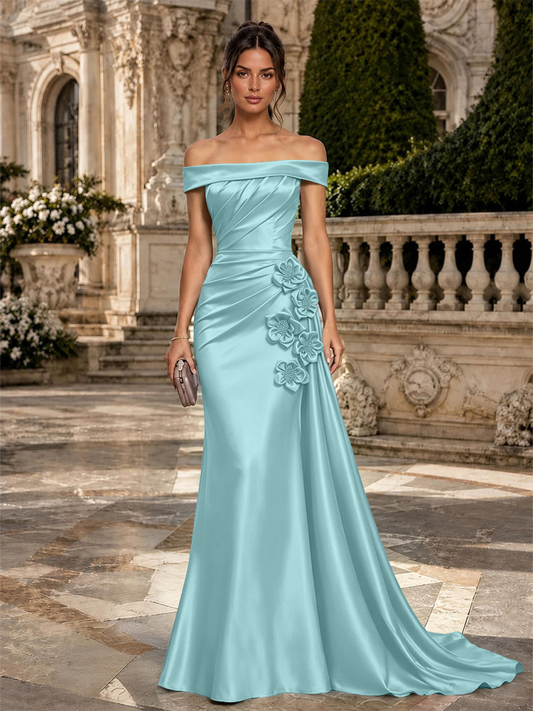 Satin Mermaid Off the Shoulder Long Evening Dresses with 3D Flowers