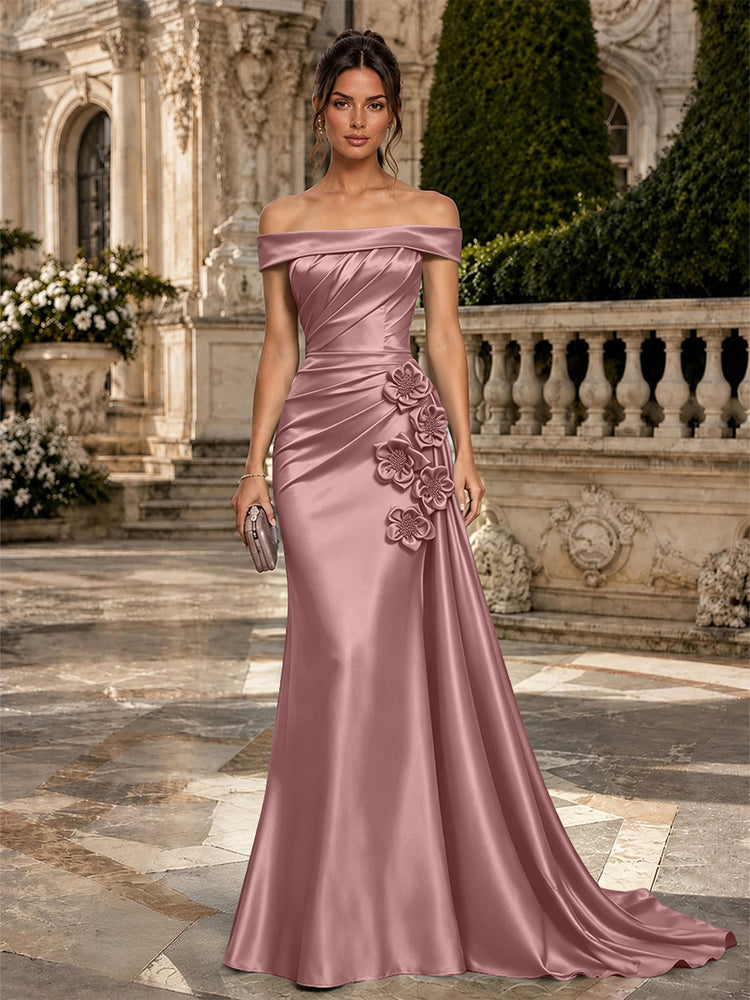 Satin Mermaid Off the Shoulder Long Evening Dresses with 3D Flowers