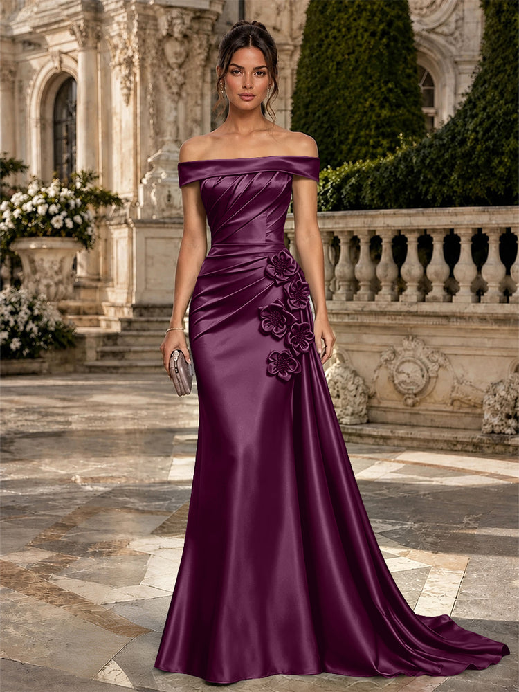 Satin Mermaid Off the Shoulder Long Evening Dresses with 3D Flowers