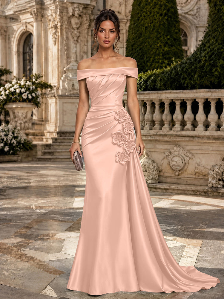 Satin Mermaid Off the Shoulder Long Evening Dresses with 3D Flowers
