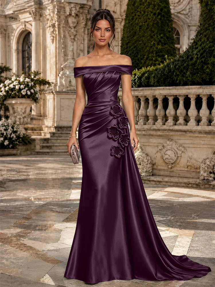 Satin Mermaid Off the Shoulder Long Evening Dresses with 3D Flowers