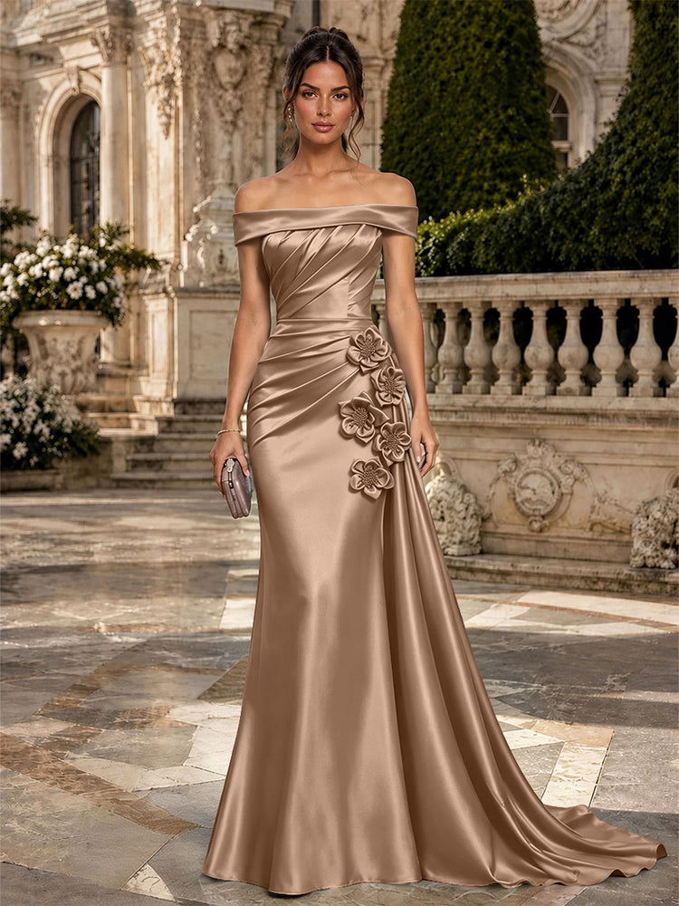 Satin Mermaid Off the Shoulder Long Evening Dresses with 3D Flowers