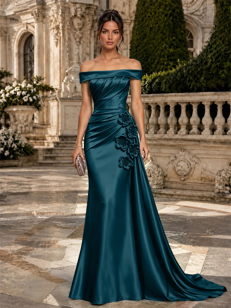 Satin Mermaid Off the Shoulder Long Evening Dresses with 3D Flowers