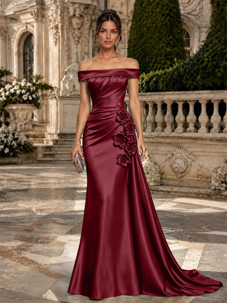 Satin Mermaid Off the Shoulder Long Evening Dresses with 3D Flowers