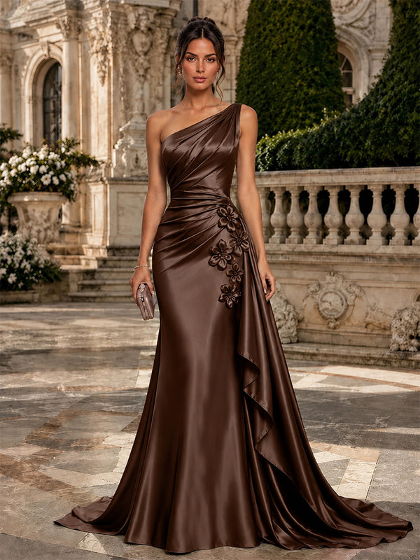 Satin Mermaid One Shoulder Long Evening Dresses with 3D Flowers