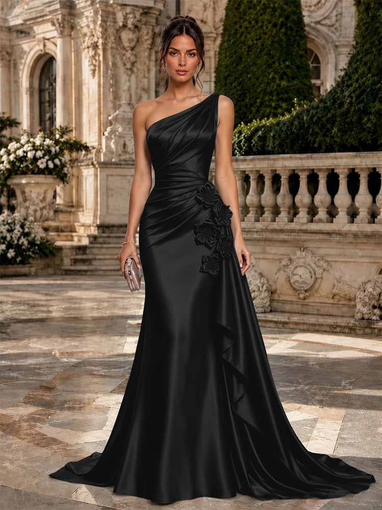 Satin Mermaid One Shoulder Long Evening Dresses with 3D Flowers
