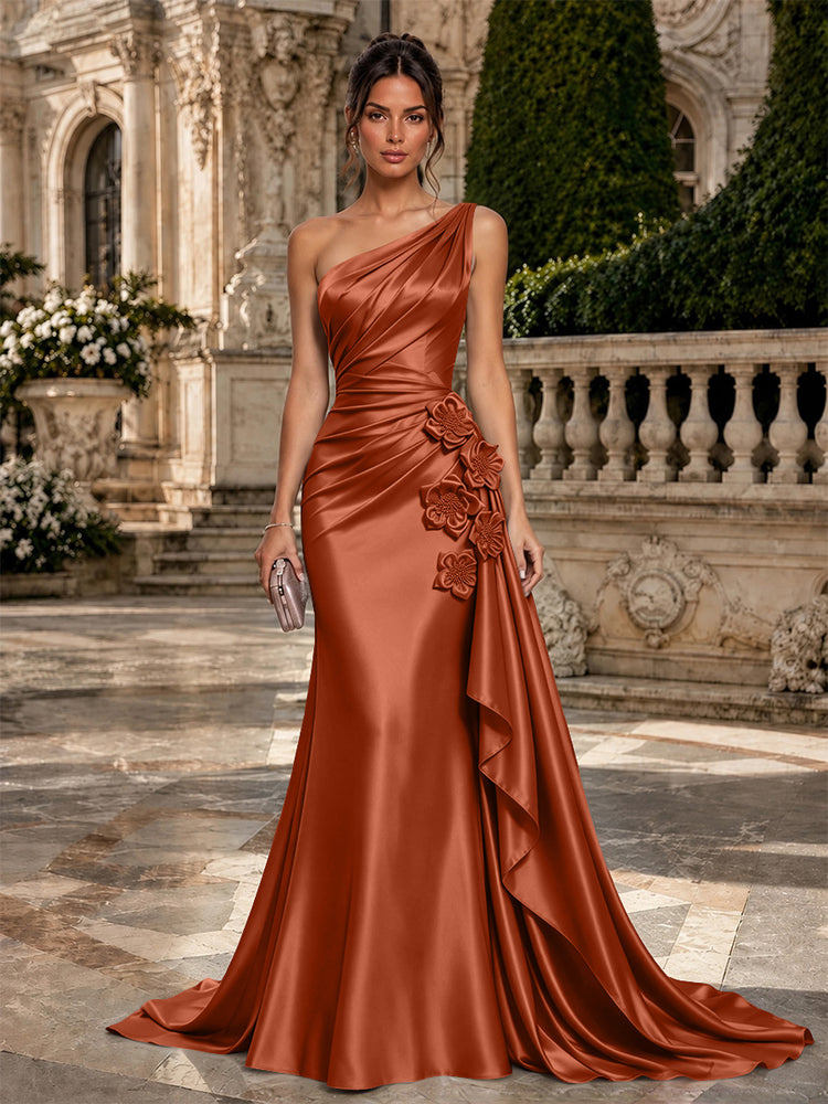 Satin Mermaid One Shoulder Long Evening Dresses with 3D Flowers