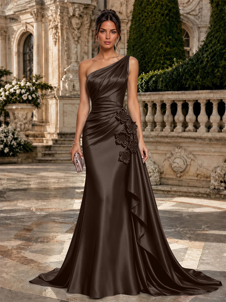 Satin Mermaid One Shoulder Long Evening Dresses with 3D Flowers