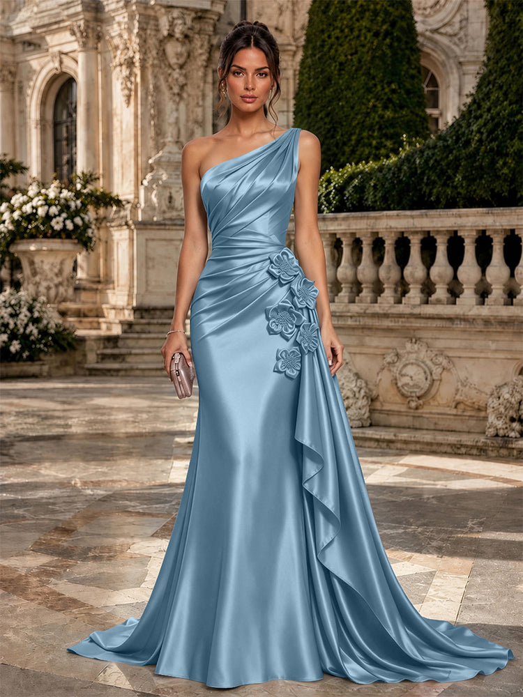 Satin Mermaid One Shoulder Long Evening Dresses with 3D Flowers