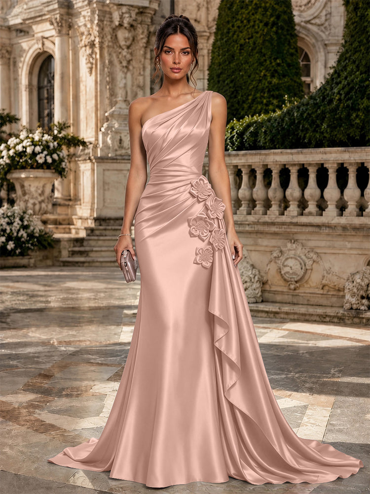 Satin Mermaid One Shoulder Long Evening Dresses with 3D Flowers