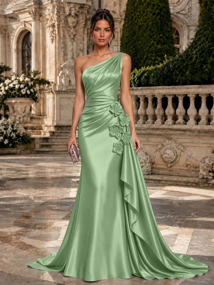 Satin Mermaid One Shoulder Long Evening Dresses with 3D Flowers