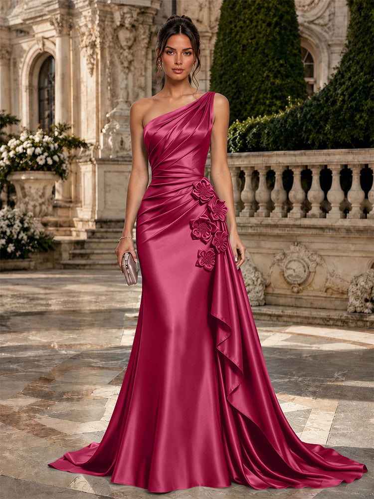 Satin Mermaid One Shoulder Long Evening Dresses with 3D Flowers