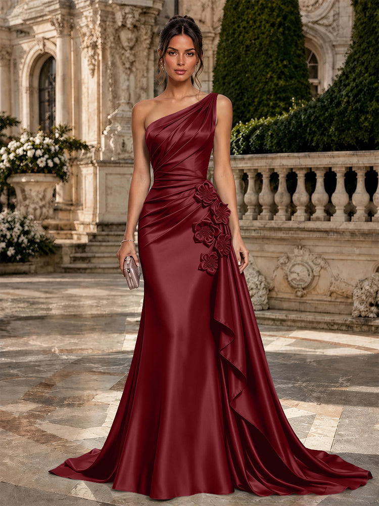 Satin Mermaid One Shoulder Long Evening Dresses with 3D Flowers