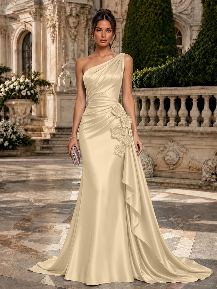 Satin Mermaid One Shoulder Long Evening Dresses with 3D Flowers