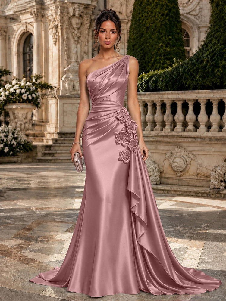 Satin Mermaid One Shoulder Long Evening Dresses with 3D Flowers