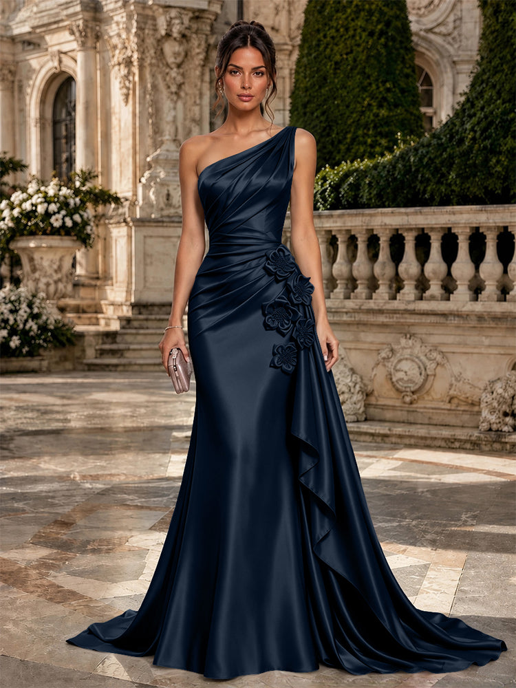 Satin Mermaid One Shoulder Long Evening Dresses with 3D Flowers