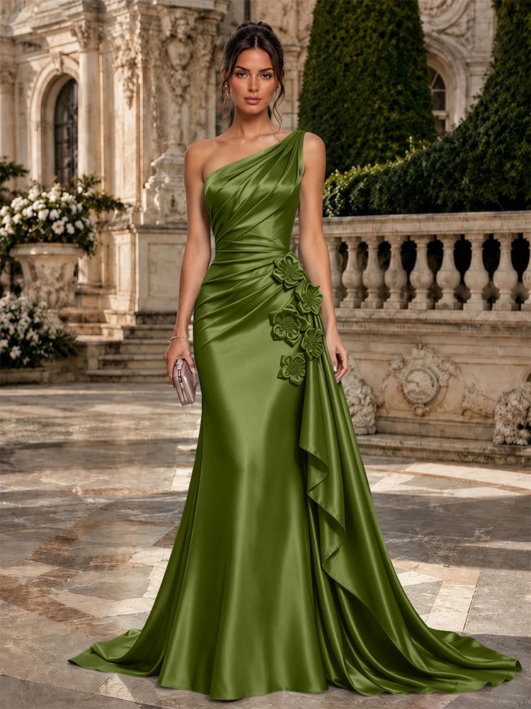 Satin Mermaid One Shoulder Long Evening Dresses with 3D Flowers