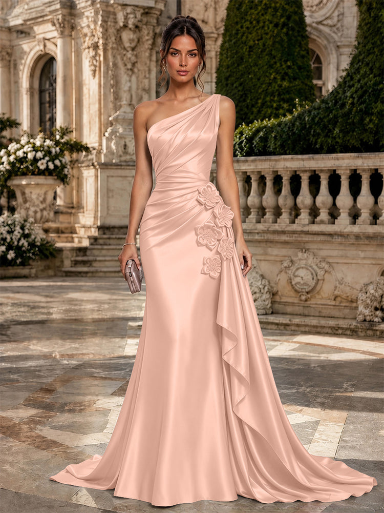 Satin Mermaid One Shoulder Long Evening Dresses with 3D Flowers