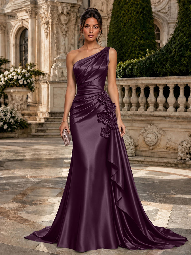 Satin Mermaid One Shoulder Long Evening Dresses with 3D Flowers