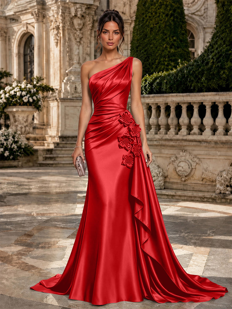 Satin Mermaid One Shoulder Long Evening Dresses with 3D Flowers